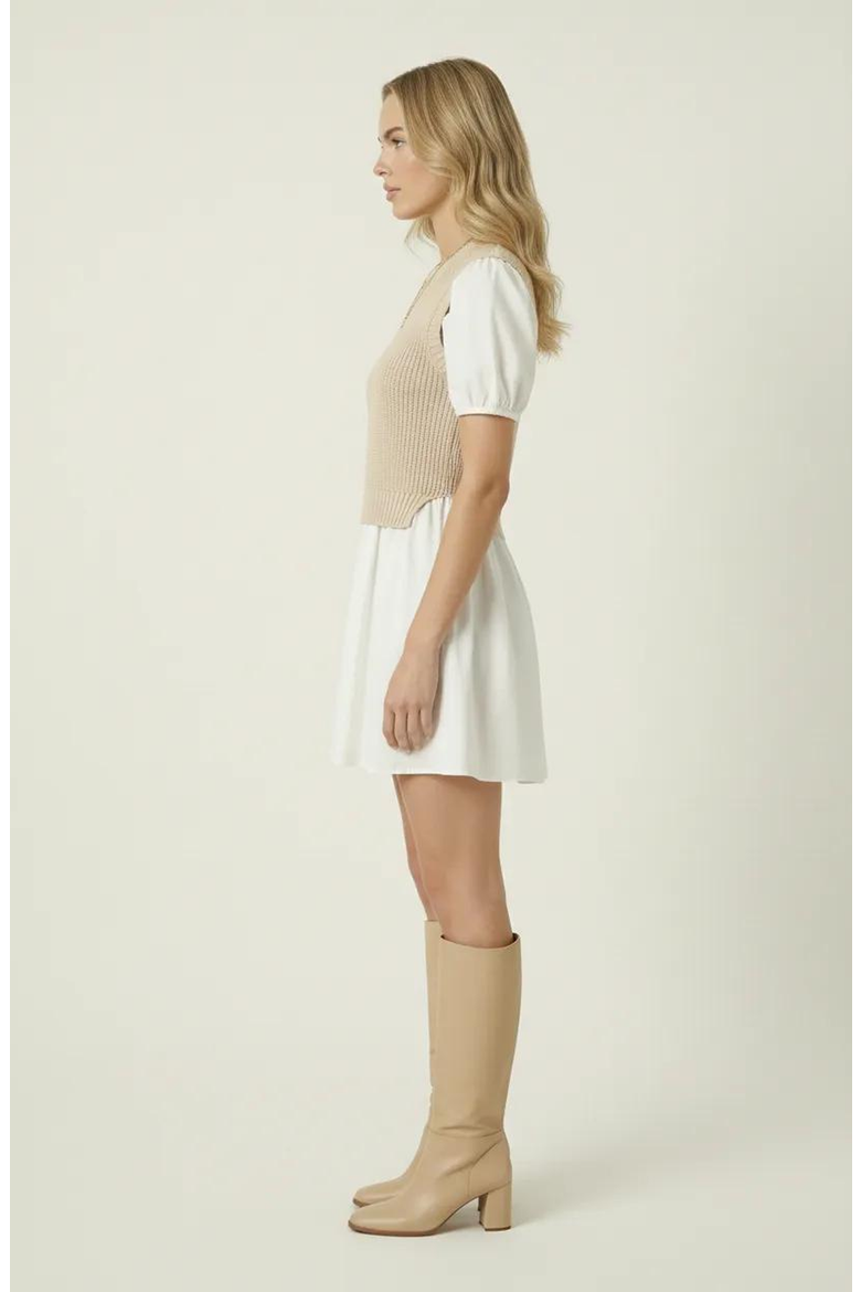 Ribbed Sleeveless Sweater Dress with Puff Sleeves, Alternate, color, White