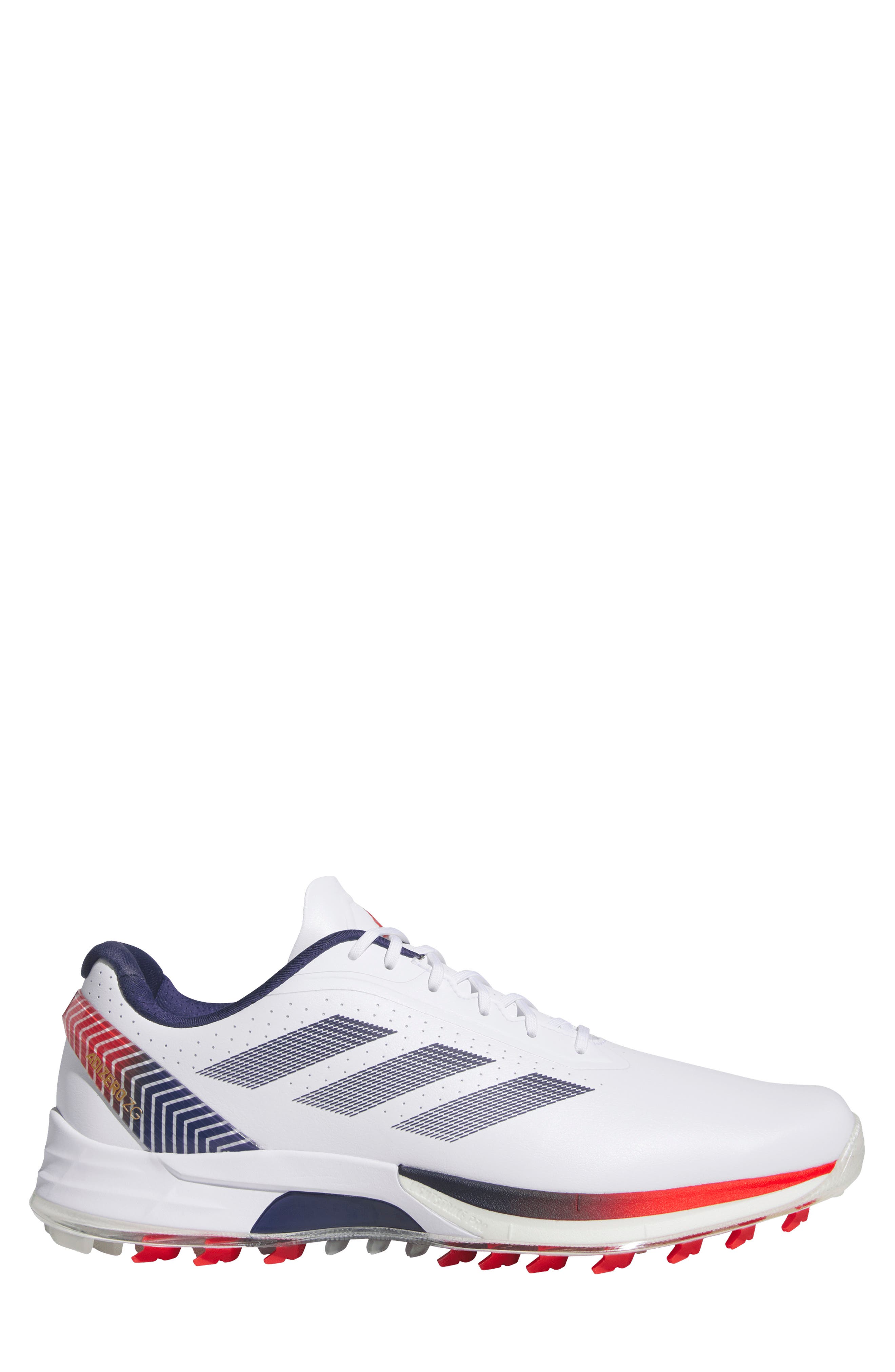 Adizero ZG Waterproof Golf Shoe, Alternate, color, WHITE/ DARK BLUE/ RED