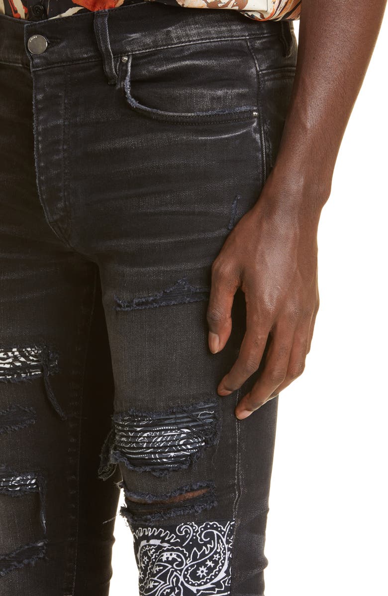 AMIRI Bandana Art Patch Thrasher Ripped Skinny Jeans, Alternate, color, 
