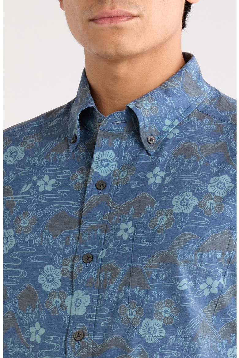 Sakura Fields Floral Short Sleeve Performance Button-Down Shirt, Alternate, color, NAVY