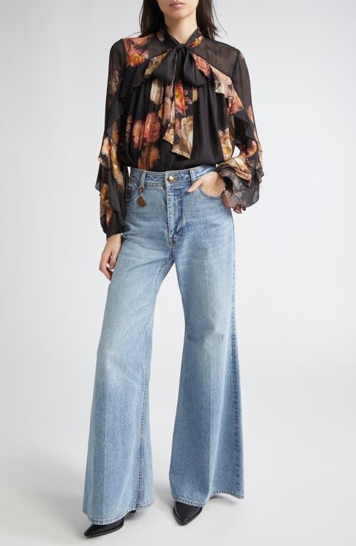 Zimmermann Hypnotic Floral Print Ruffle Georgette Top In Black
