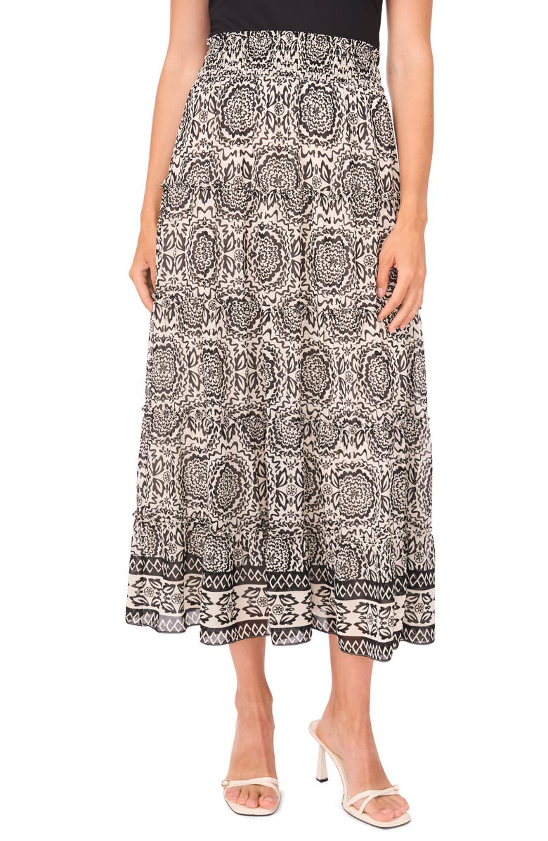 Halogen<sup>®</sup> Tiered Smocked Midi Skirt, Main, color, Rich Black Print
