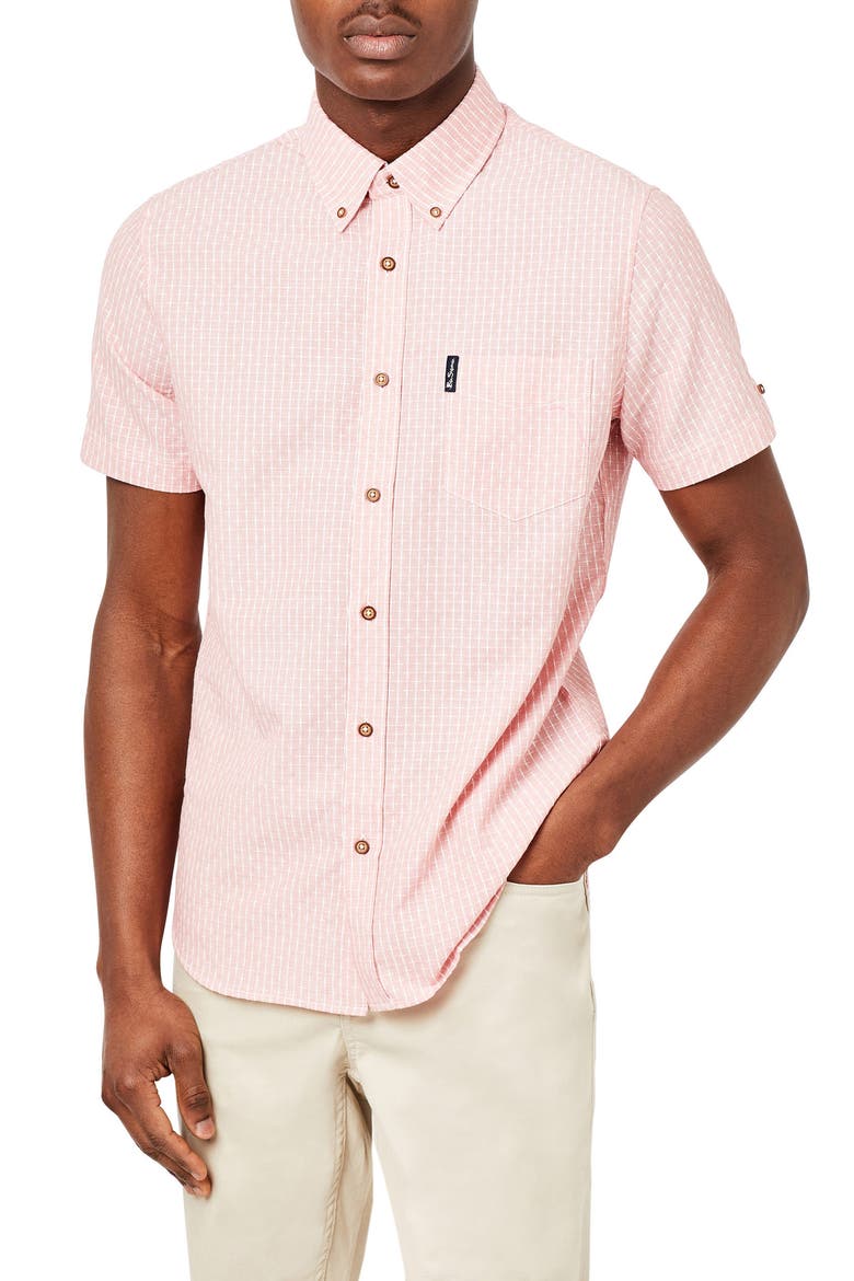 Slim Fit Check Short Sleeve Stretch Button-Down Shirt, Main, color, PEACH