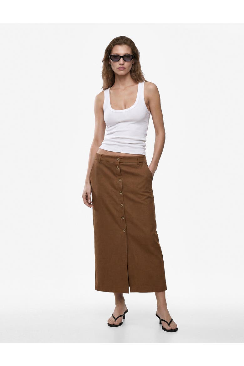 Button Down Midi Linen Skirt, Alternate, color, BROWN