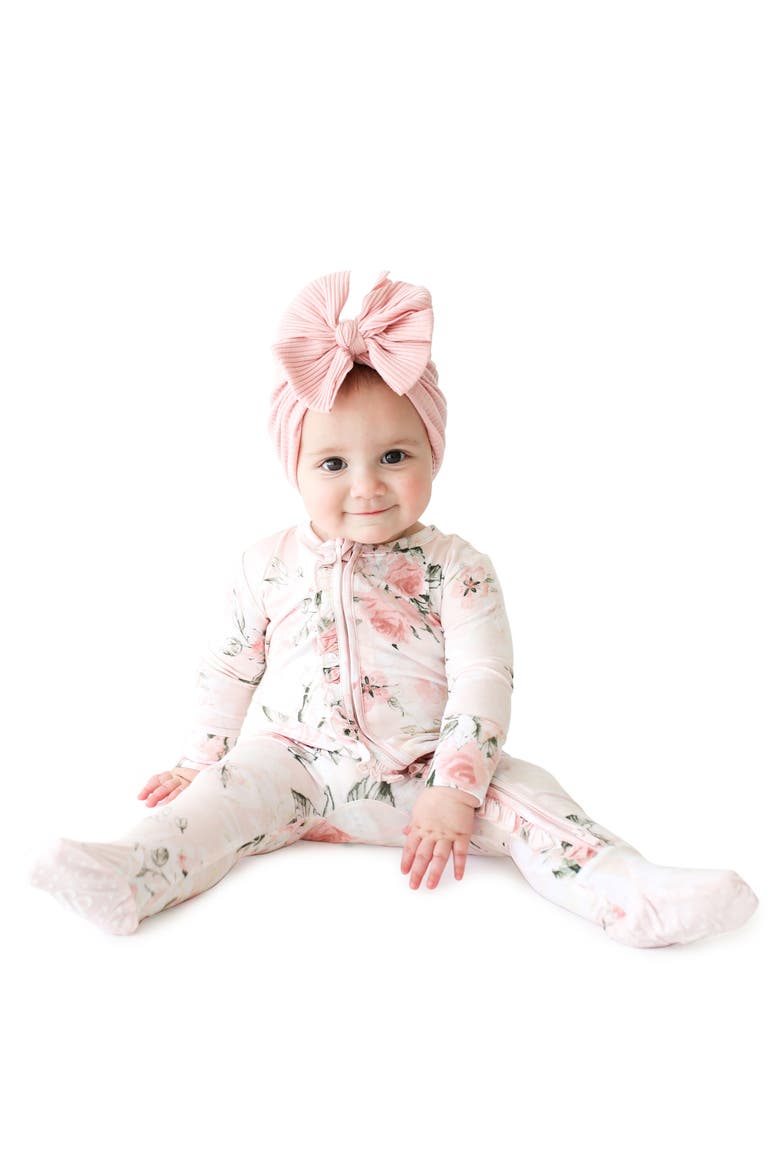 Vintage Pink Rose Ruffle Fitted Footie Pajamas, Alternate, color, LIGHT/ PASTEL PINK
