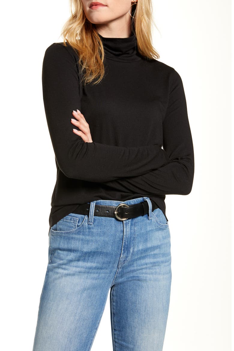 Cotton Blend Turtleneck Top, Main, color, BLACK