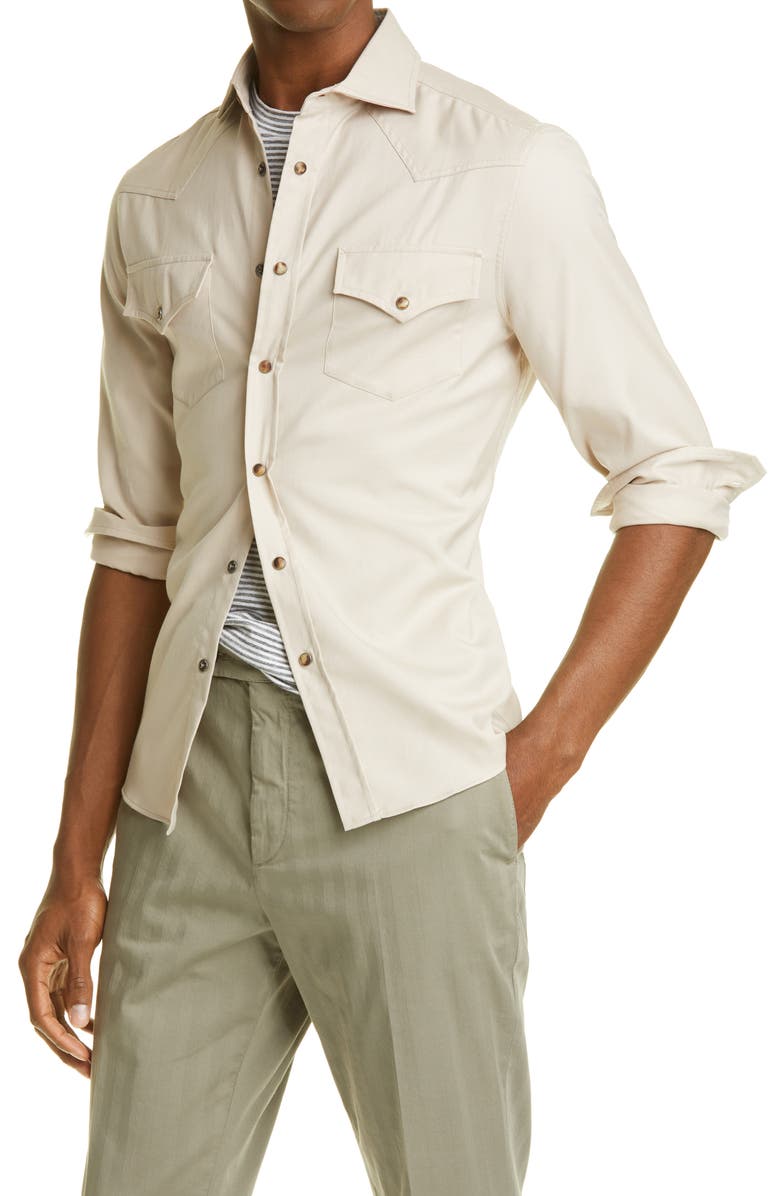 Brunello Cucinelli Leisure Fit Cotton Twill Western Shirt, Alternate, color, 