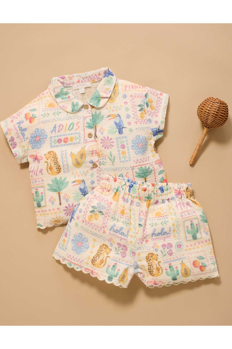 Postcard Button Up Top & Short Set, Alternate, color, Postcard Print