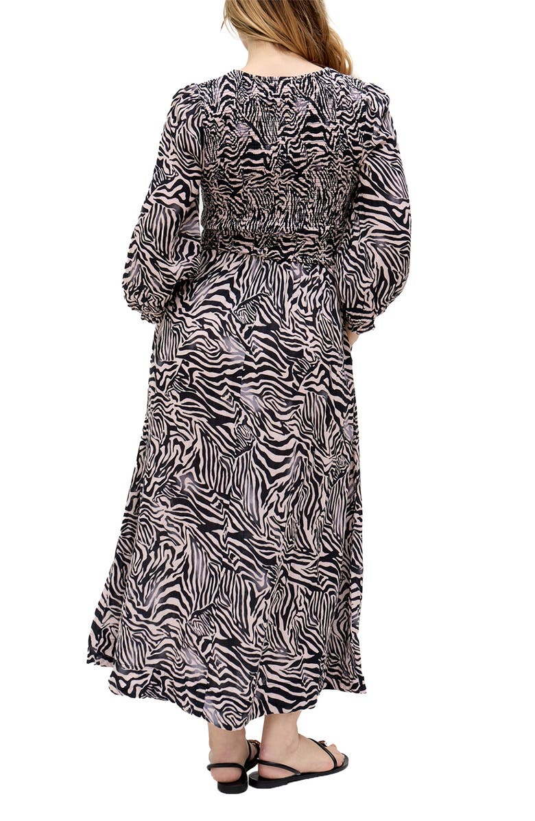 Raffya Paulina Shirred Bodice Zebra Print Maxi Dress, Alternate, color, Black