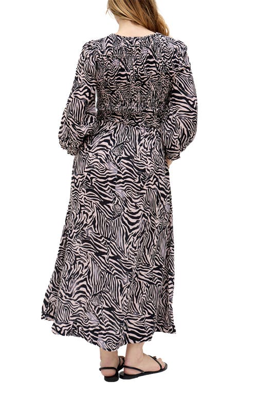 Raffya Paulina Shirred Bodice Zebra Print Maxi Dress In Black