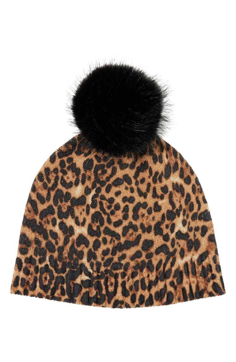 Sofia Cashmere Faux Fur Pom Cashmere Lurex Knit Beanie, Main, color, Camel