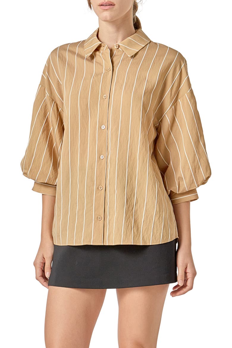 Stripe Balloon Sleeve Shirt, Alternate, color, TAN/ WHITE