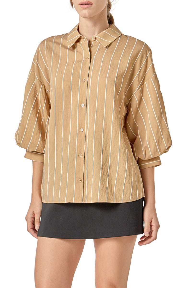 English Factory Stripe Balloon Sleeve Shirt, Alternate, color, Tan/ White