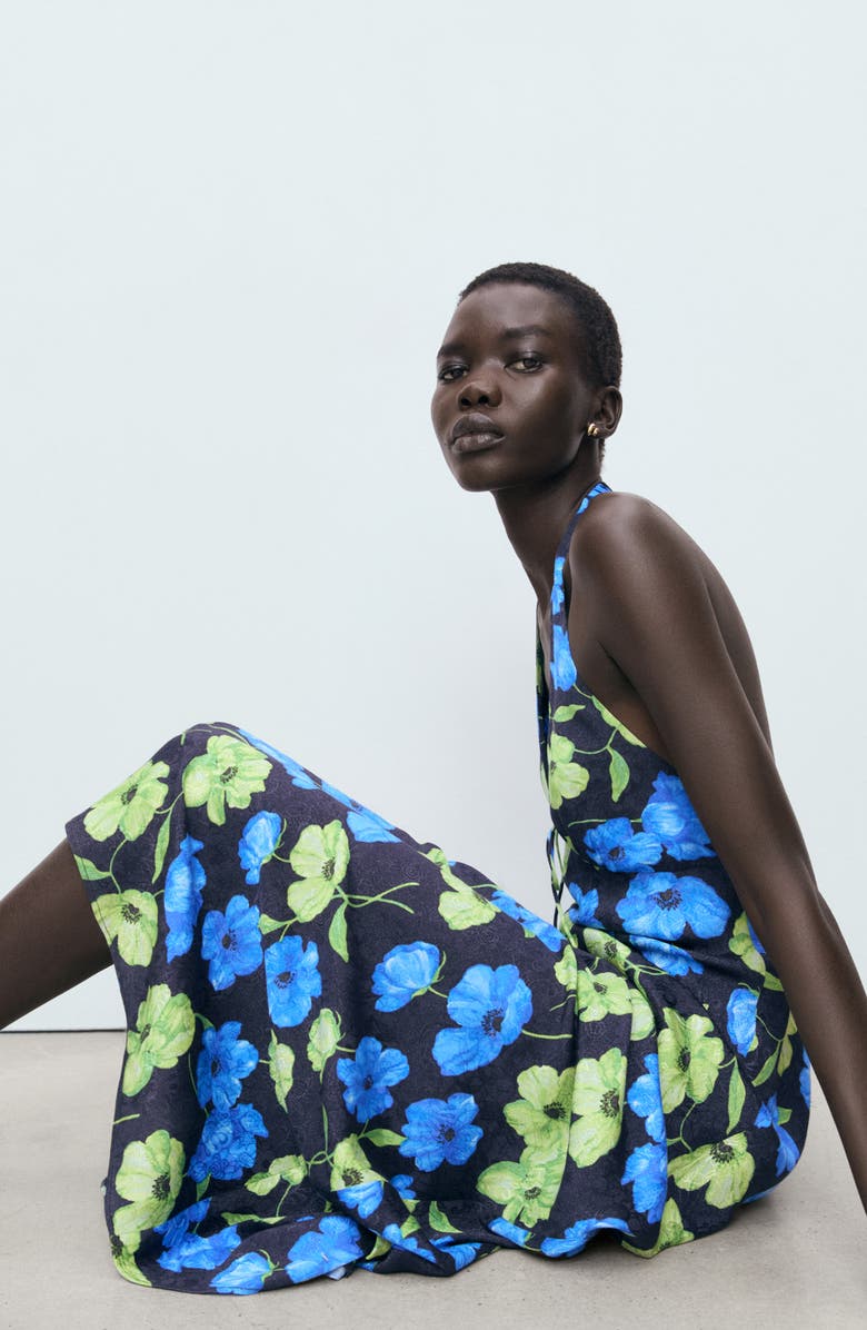 MANGO Floral Halter Maxi Dress, Alternate, color, Black