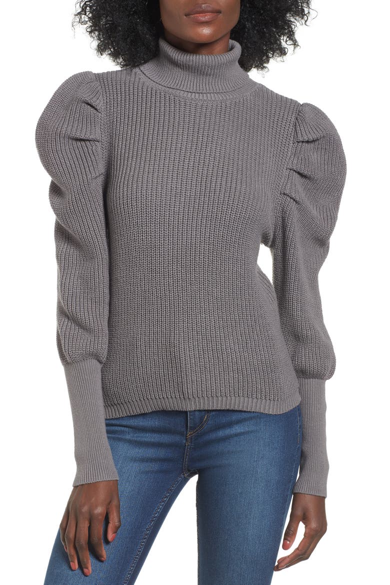 Puff Sleeve Turtleneck Sweater, Main, color, GREY DECEMBER