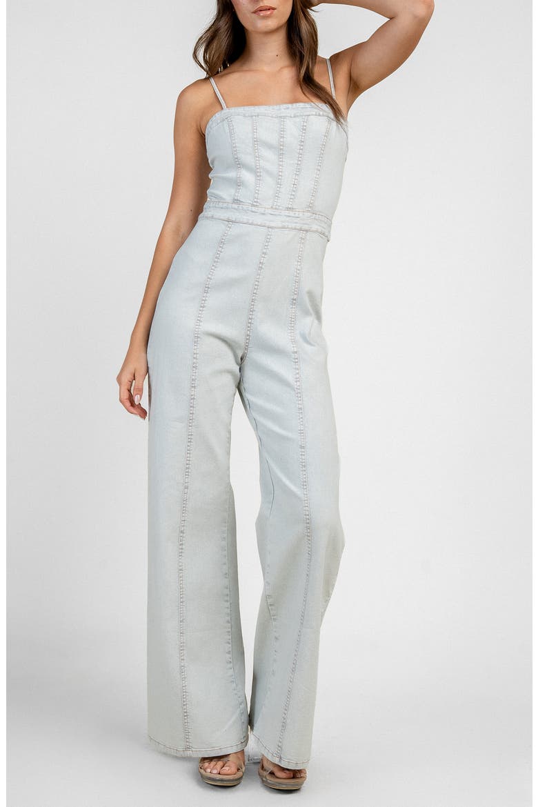 Square Neck Denim Jumpsuit, Alternate, color, PALE BLUE