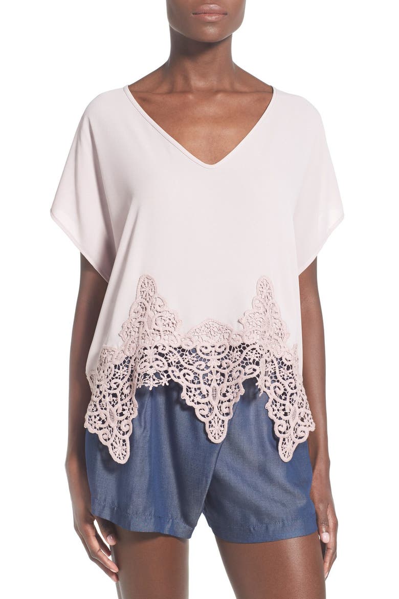 ASTR Crochet Hem Tee, Main, color, LILAC/ GREY