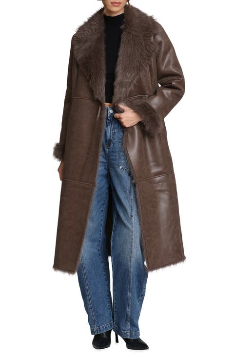 Reversible Faux Leather & Faux Fur Wrap Coat