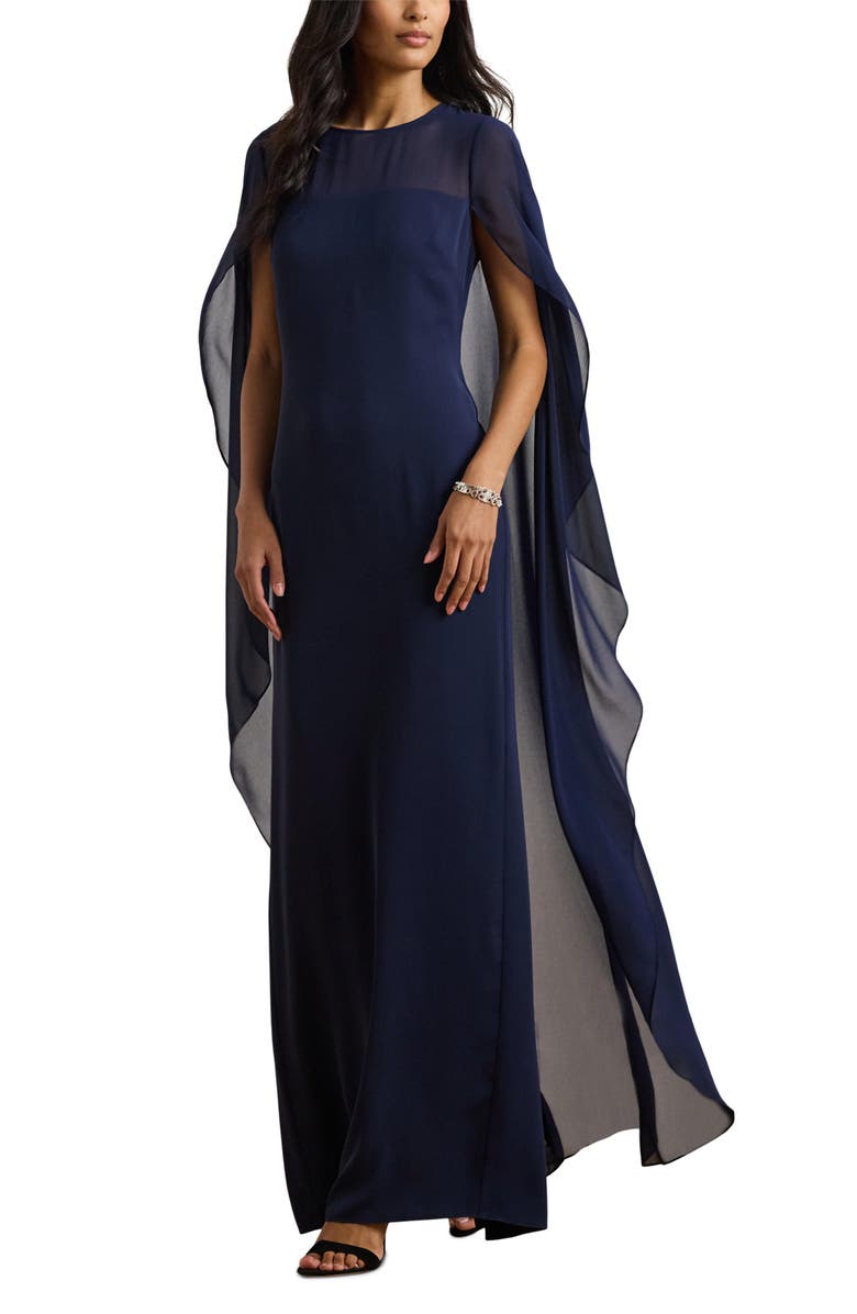 Lauren Ralph Lauren Lavati Capelet Gown, Main, color, Navy Blue