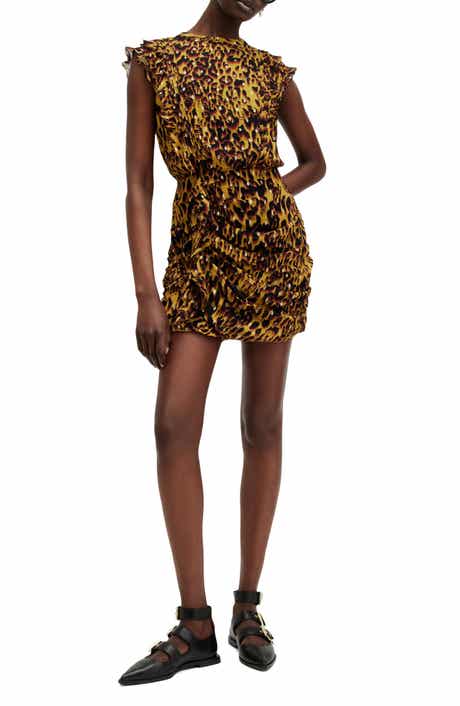 AllSaints Hali Pleated Leopard Spot Cap Sleeve Dress