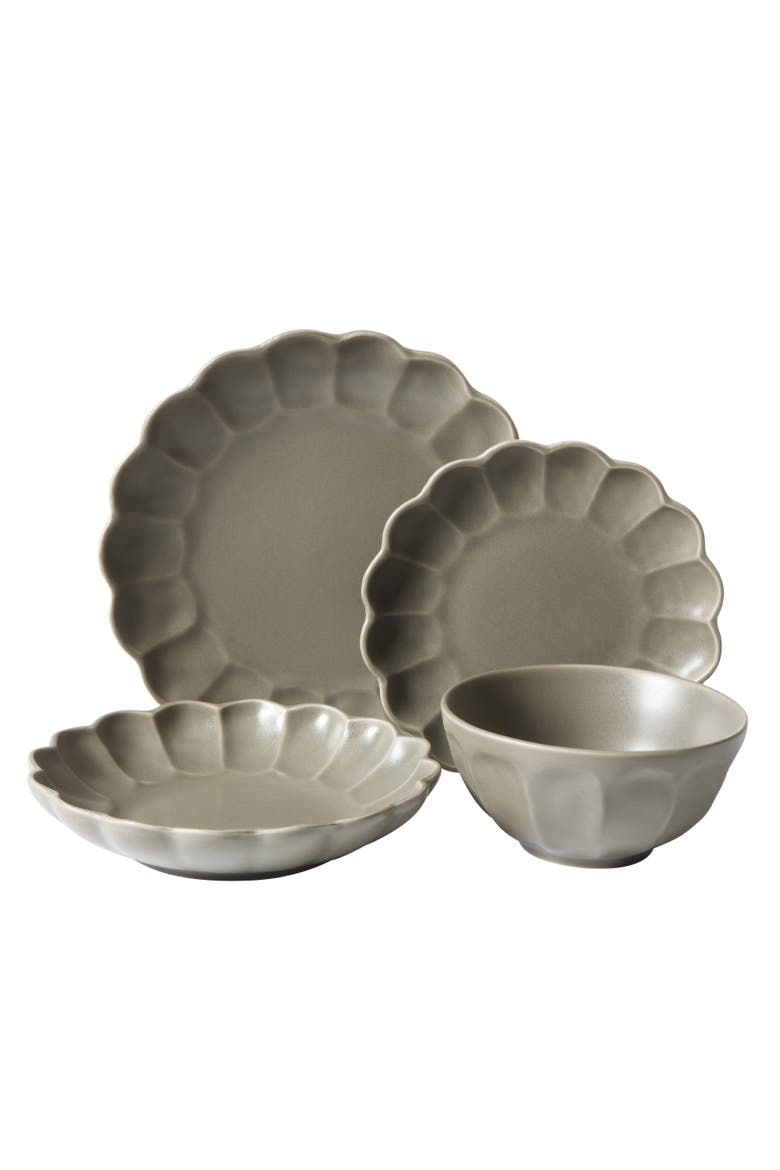 Yuelu Bloom 16 Piece Plates and Bowls Scallop Embossed Dinnerware Set, Alternate, color, Olive Stone