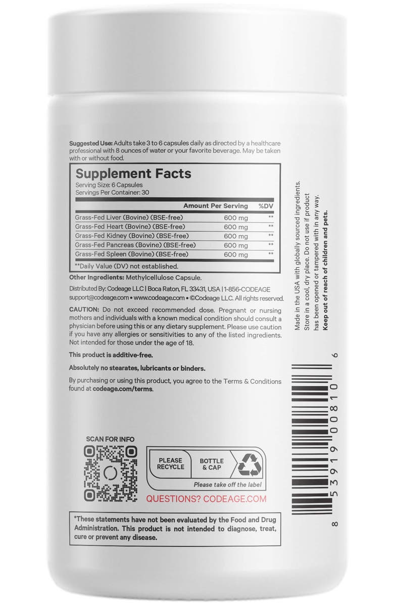 Codeage Grass-Fed Beef Organs Glandulars Supplement, Alternate, color, White