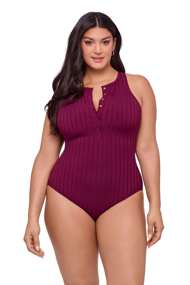 Smoothing and Sculpting Wide Rib Snap High Neck One-Piece Swimsuit, Alternate, color, Cherry Mocha Wide Rib
