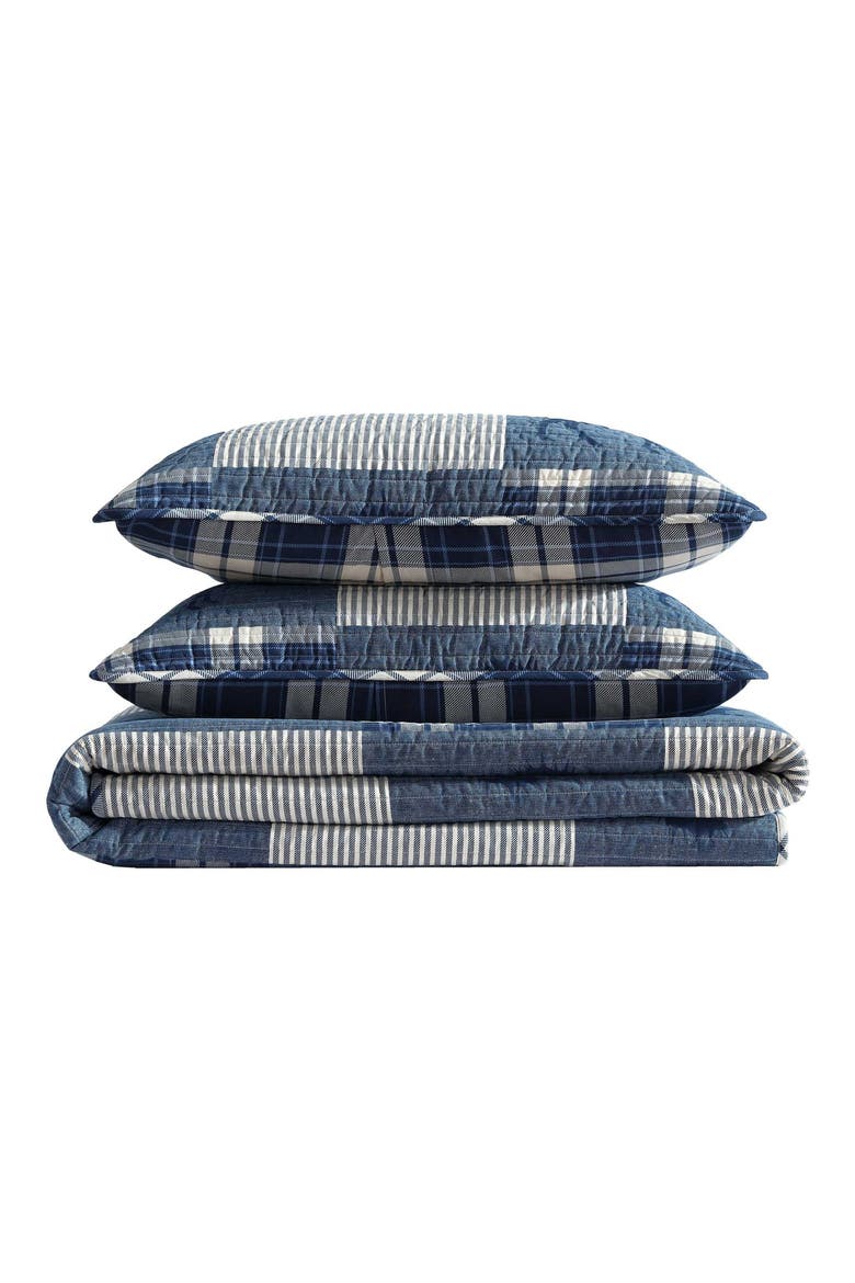 Moose Plaid Pinstripe Patchwork Reversible Quilt & Sham Set, Main, color, BLUE MULTI