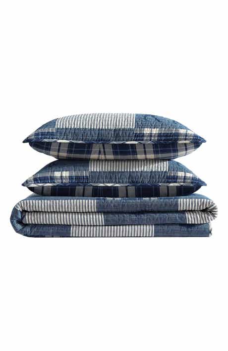 Eddie Bauer Moose Plaid Pinstripe Patchwork Reversible Quilt & Sham Set