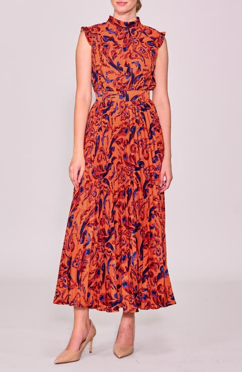 Paisley Pleated Midi Dress