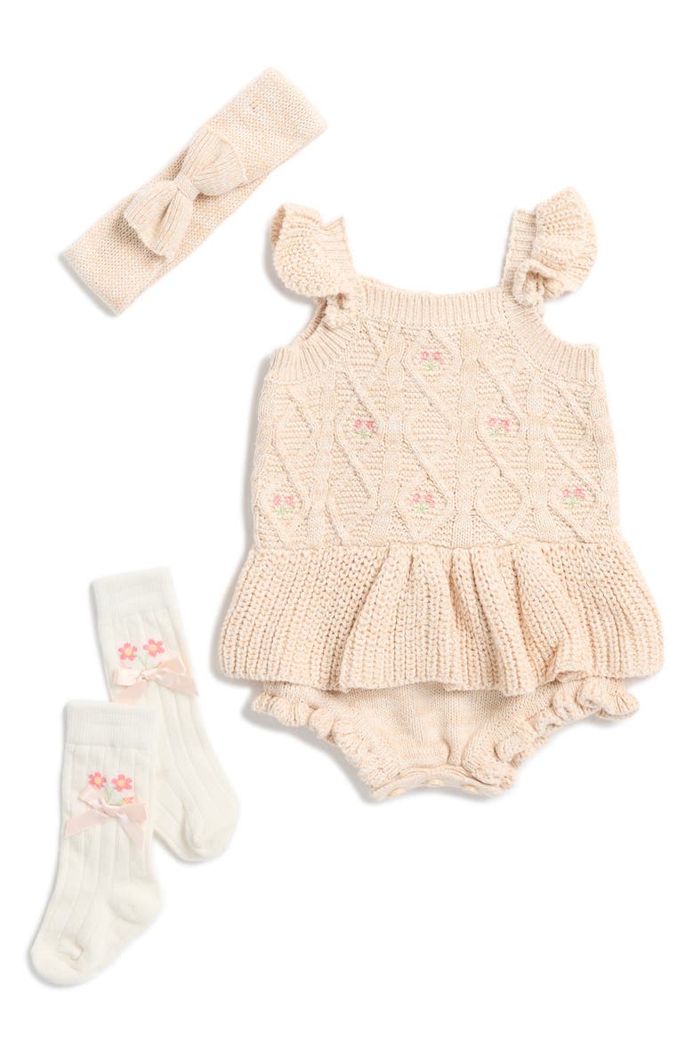 Nicole Miller Cotton Knit Romper, Headband, & Socks Set, Main, color, 