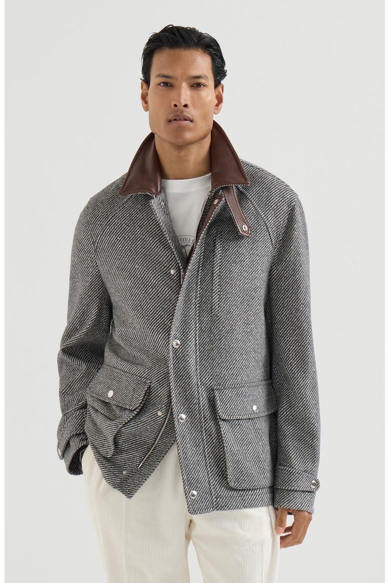 Cashmere and silk diagonal field jacket with nappa leather inserts, Main, color, Medium Grey