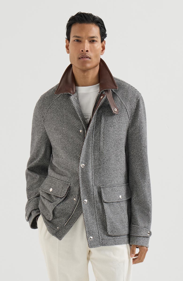 Brunello Cucinelli Cashmere and silk diagonal field jacket with nappa leather inserts, Main, color, Medium Grey
