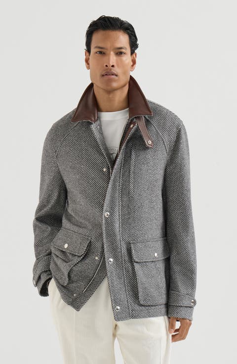Cashmere and silk diagonal field jacket with nappa leather inserts