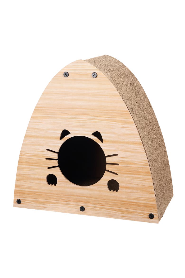 Koko Cardboard Triangle Cat Cave Scratcher with Catnip, Alternate, color, Brown Wood Grain Finish