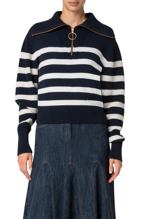 Akris Punto Stripe Maxi Collar Cotton Knit Sweater In Navy-cashew