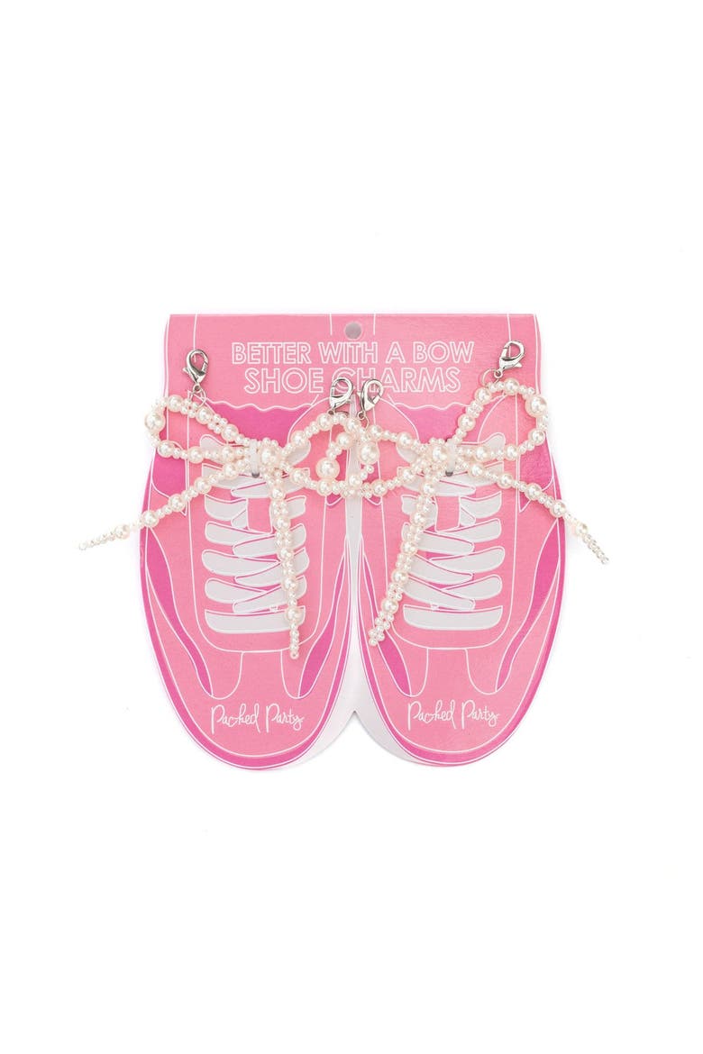 Better with a Bow White Pearl Shoe Charms - Faux Pearl-Studded Bow Shoe Charms with Lobster Clips for Sneakers, 2.75x3.3 Inch, Main, color, Multicolor