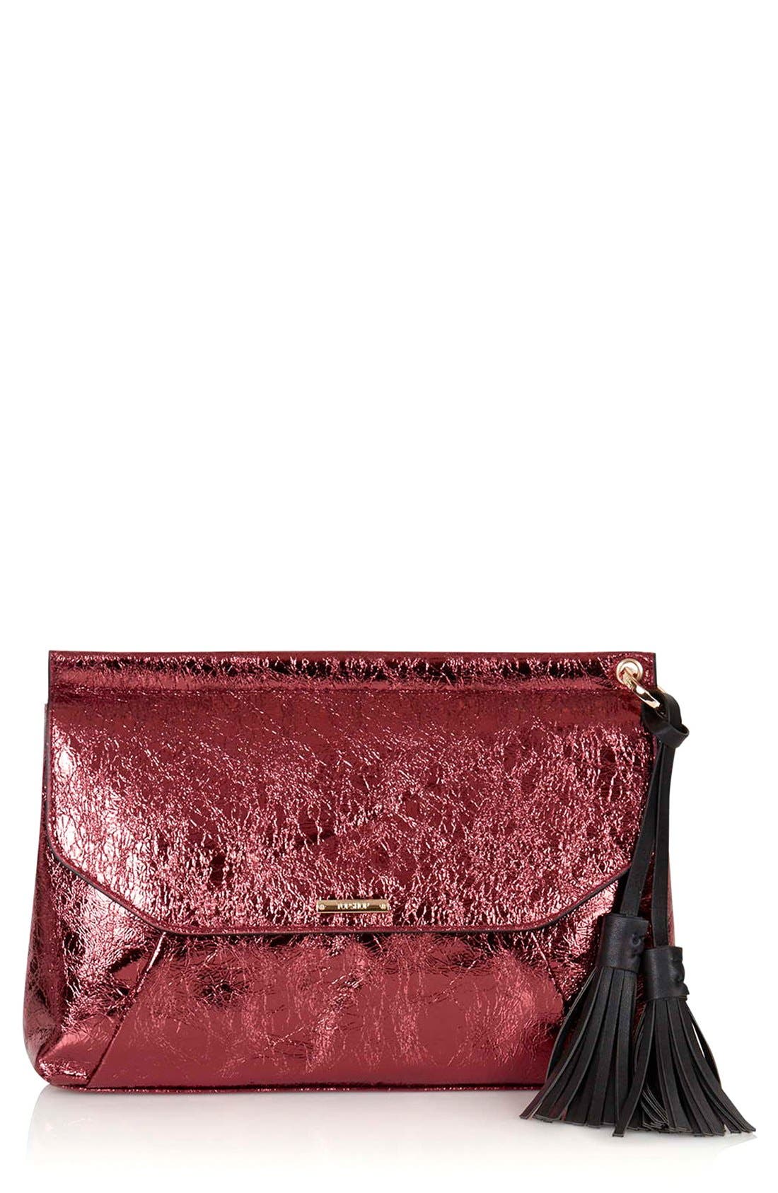 Metallic Tassel Envelope Clutch, Main, color, BURGUNDY