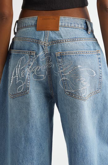 デニム・ジーパン Alexander Wang Jeans with logo crystal hotfix Blue Alexander Wang Logo Hotfix Oversize Rounded Low Rise Jeans
