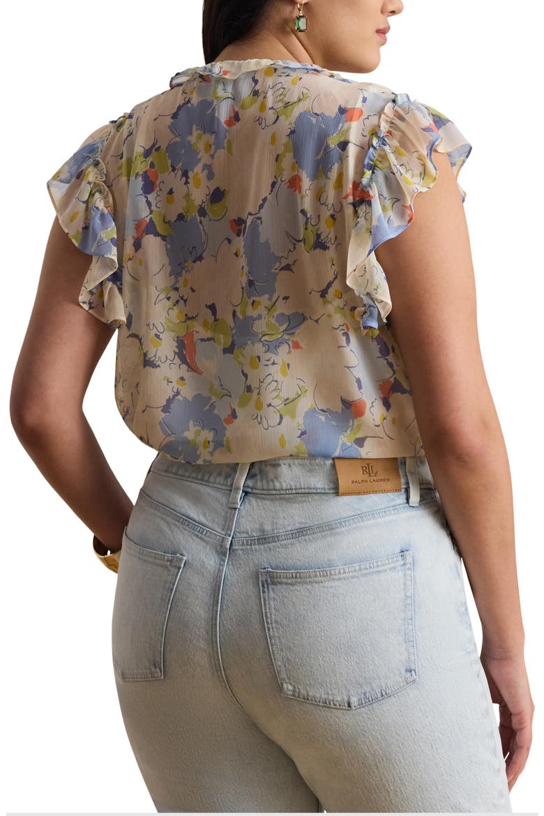 Floral Print Ruffle Trim Button-Up Top, Alternate, color, BLUE/ MULTI