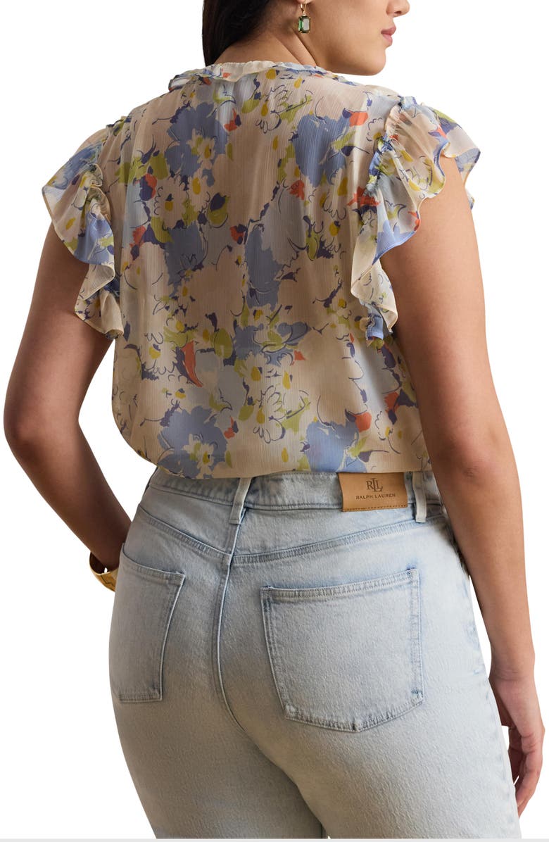 Lauren Ralph Lauren Floral Print Ruffle Trim Button-Up Top, Alternate, color, Blue/ Multi