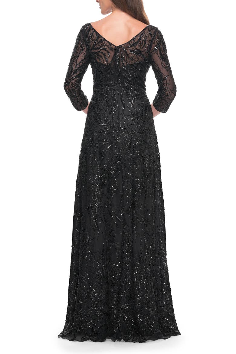 Beautiful Beaded Long Dress with Illusion Sleeves, Alternate, color, Black