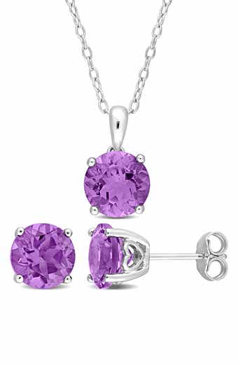 Round Cut Amethyst Pendant Necklace & Stud Earrings Set