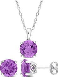 DELMAR Round Cut Amethyst Pendant Necklace & Stud Earrings Set