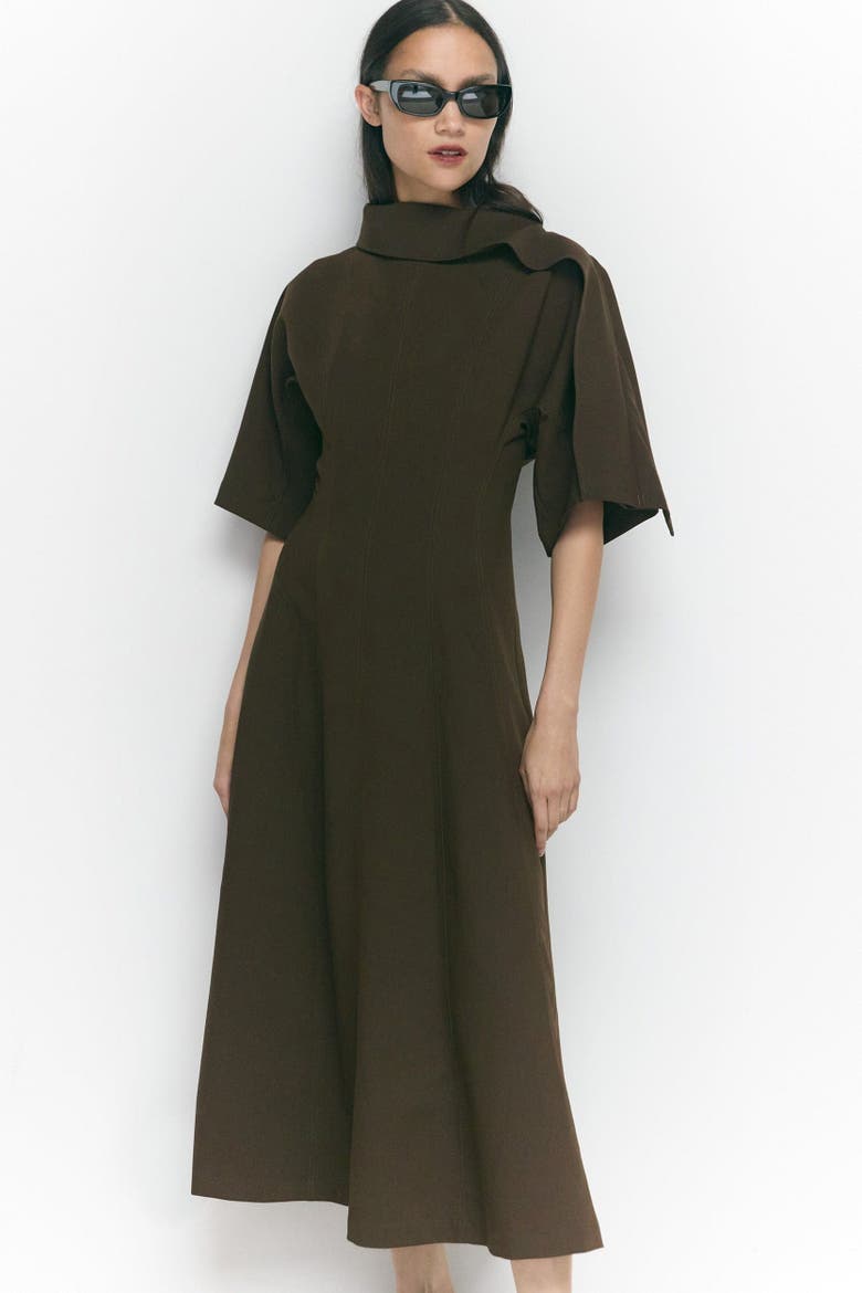 Addison Foldover Scarf-Neck Dress, Alternate, color, Olive Brown
