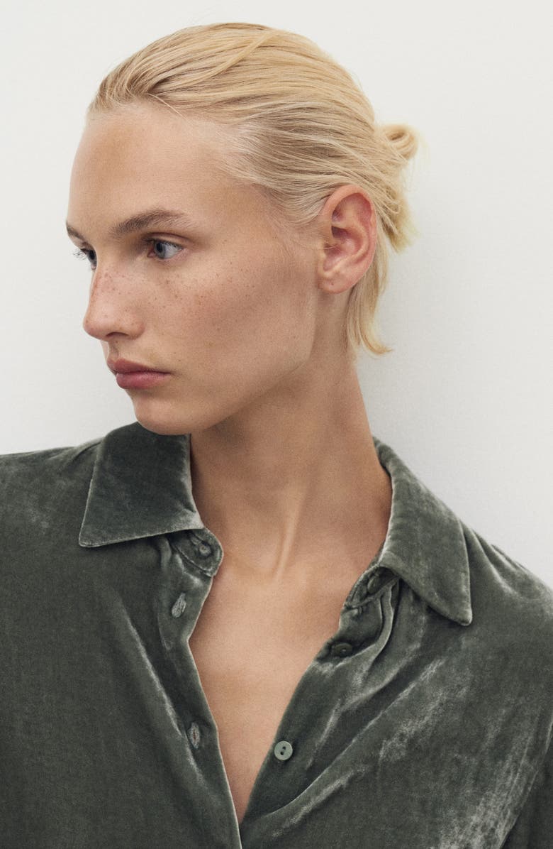 MANGO Velvet Button-Up Shirt, Alternate, color, Green