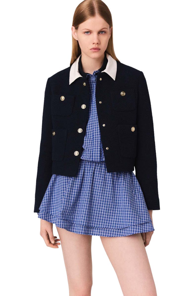 maje Cropped tweed jacket with removable collar, Main, color, Navy
