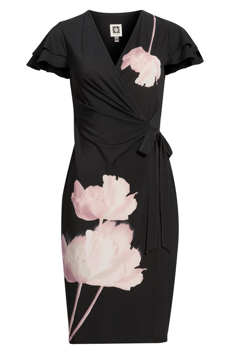 Anne Klein Print Flutter Sleeve Wrap Dress, Main, color, Anne Black Multi