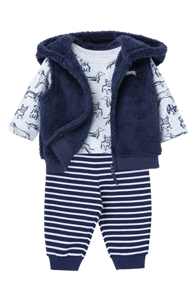 Little Me Puppies Faux Fur Fleece Hooded Vest, Long Sleeve Bodysuit & Joggers Set, Alternate, color,