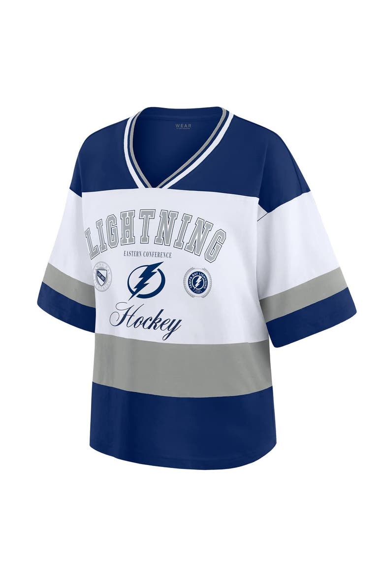 Women's WEAR by Erin Andrews Blue/White Tampa Bay Lightning Jersey Style Tee, Alternate, color, Blue
